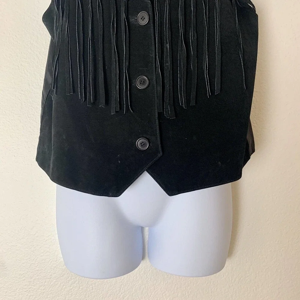 SANTA FE Womens Leather Suede Vest L Fringe Bohemian Black Button Up Sleeveless - Picture 3 of 9